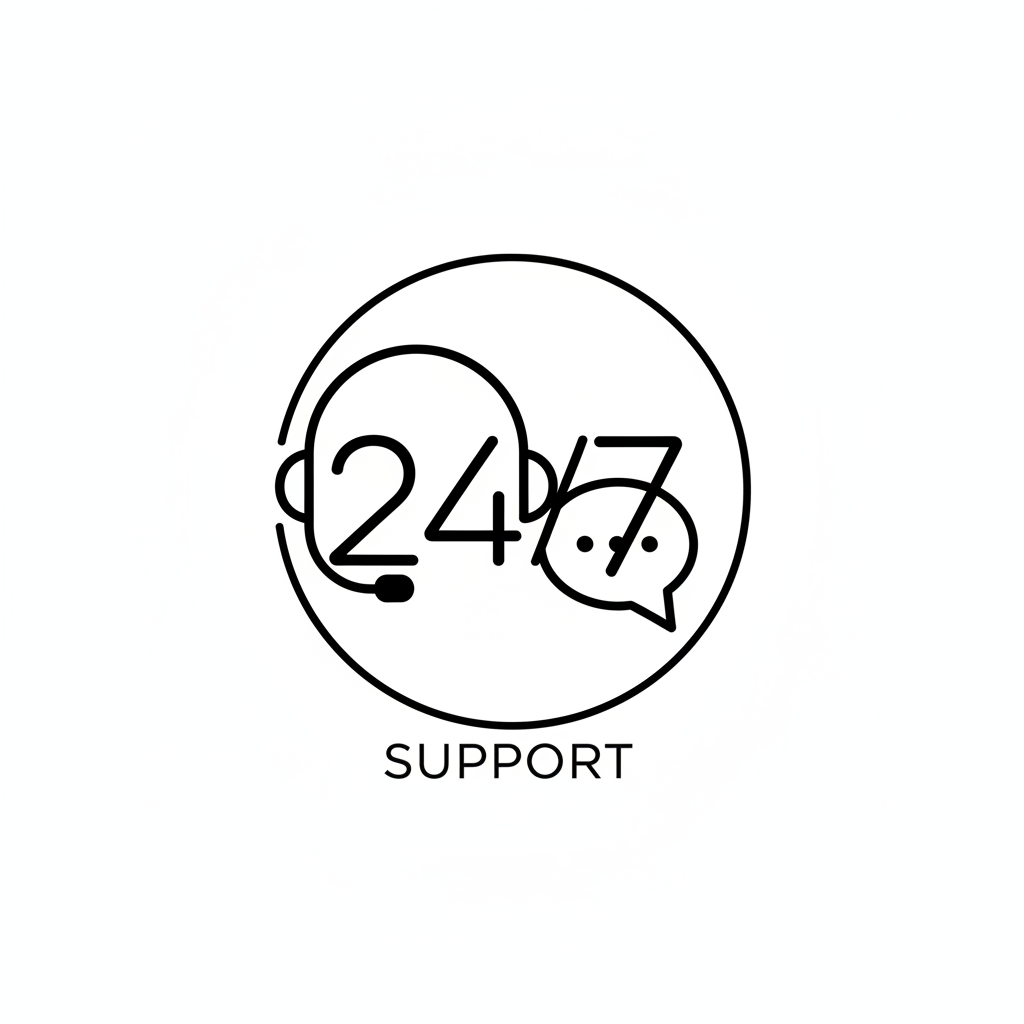 24/7 support logo. Black lines, white background 